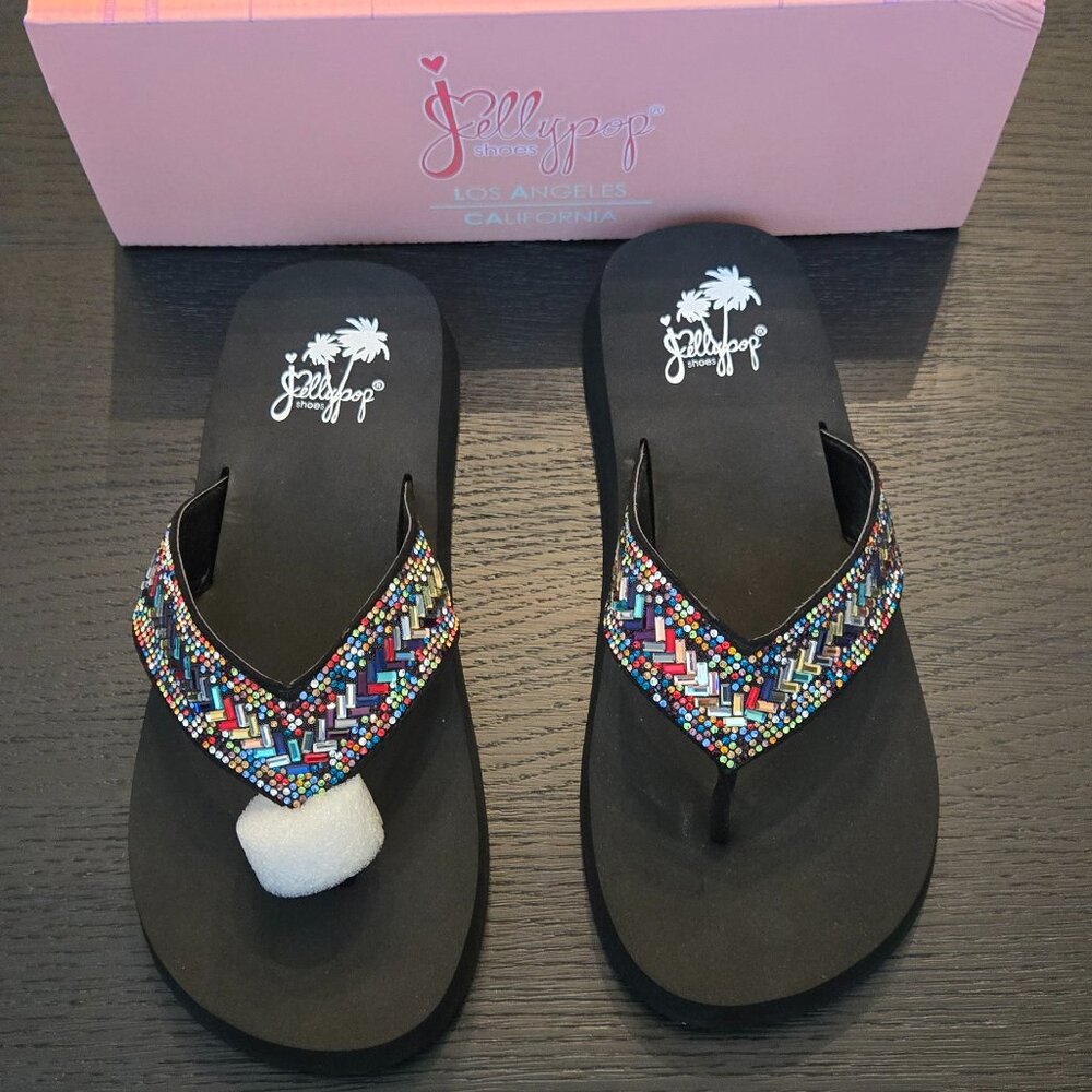 Black flip-flops with embellished colorful strap in geometric pattern (size 8)
